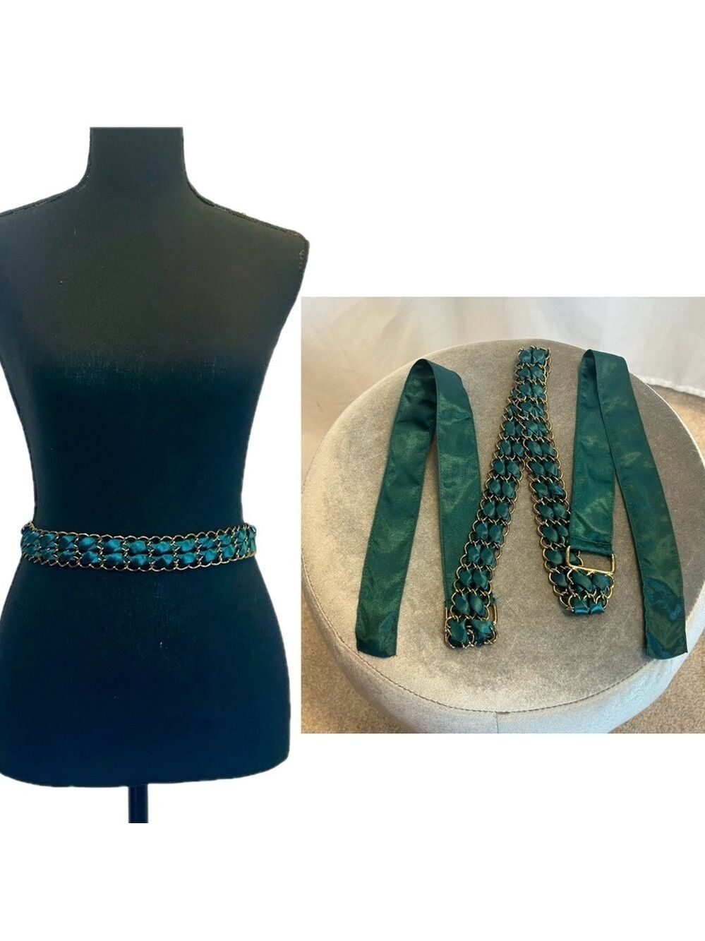 BEBE green satin ribbon brass tone braided chain fabric belt🇨🇦